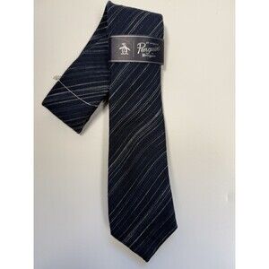 Original Penguin 100% Linen Navy Blue Stripe Skinny Neck Tie New